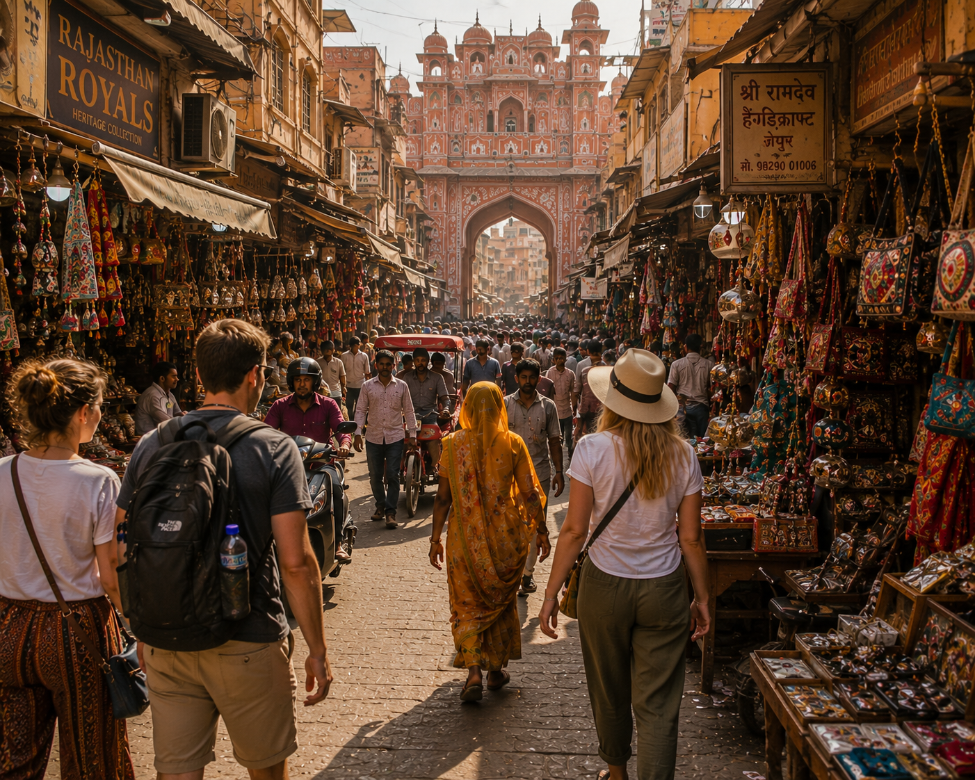 Travellers walking through a bustling old Jaipur bazaar street toward a painted city gate